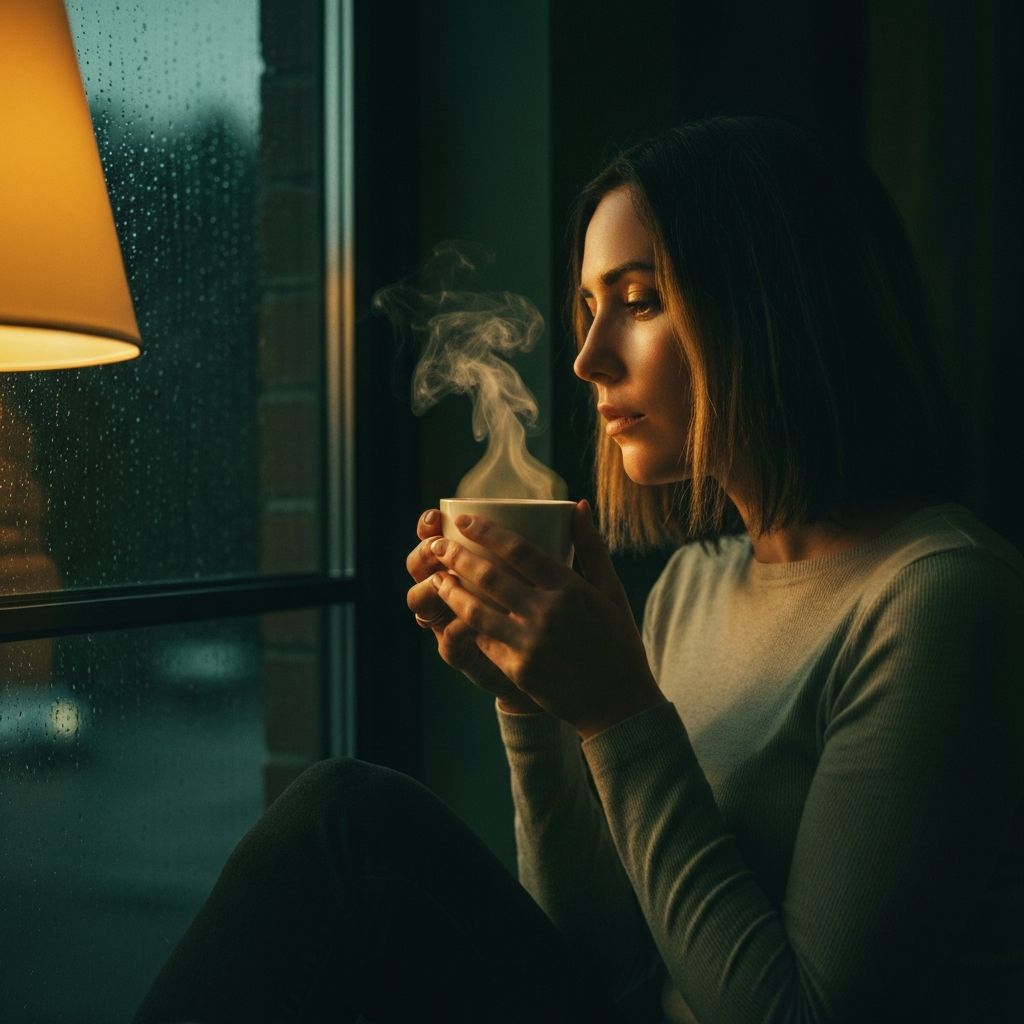 Person sitting alone by a window at night, contemplative