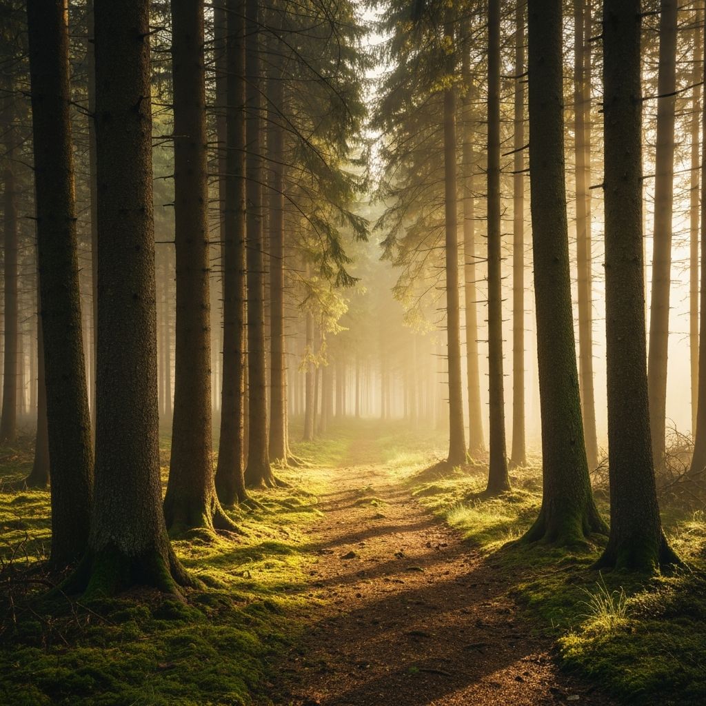 A quiet misty forest path with morning light